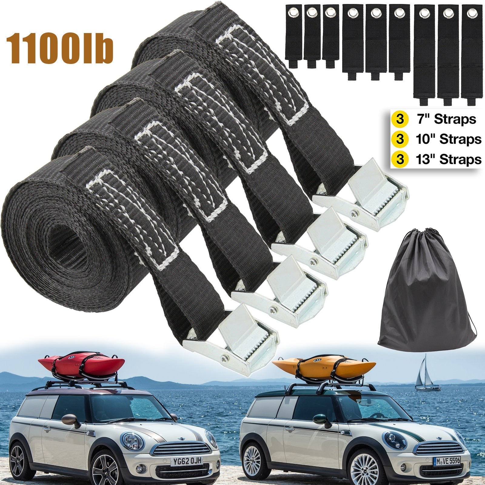 1100lb Lashing Straps Tie-Down With Metal Buckle Tow Rope Strong Ratchet for Cargo With Luggage Bag Kayak